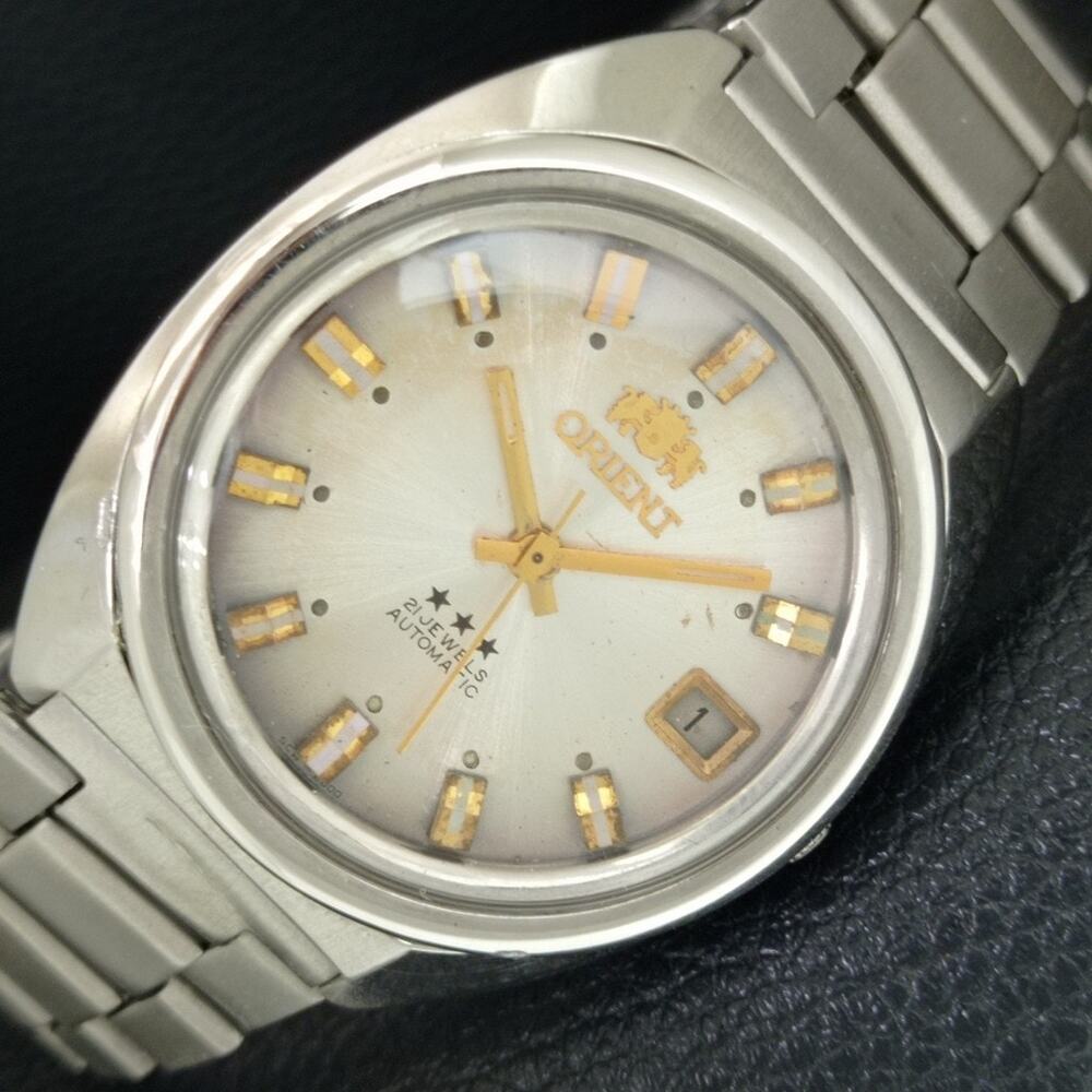 Vintage 1982 Orient Automatic Mens Silver Watch W/daydate & Patina accents